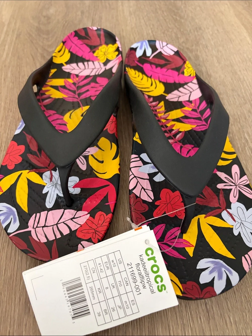 Women's Crocs Kadee Tropical Floral Print Black Flip Flop Sandals